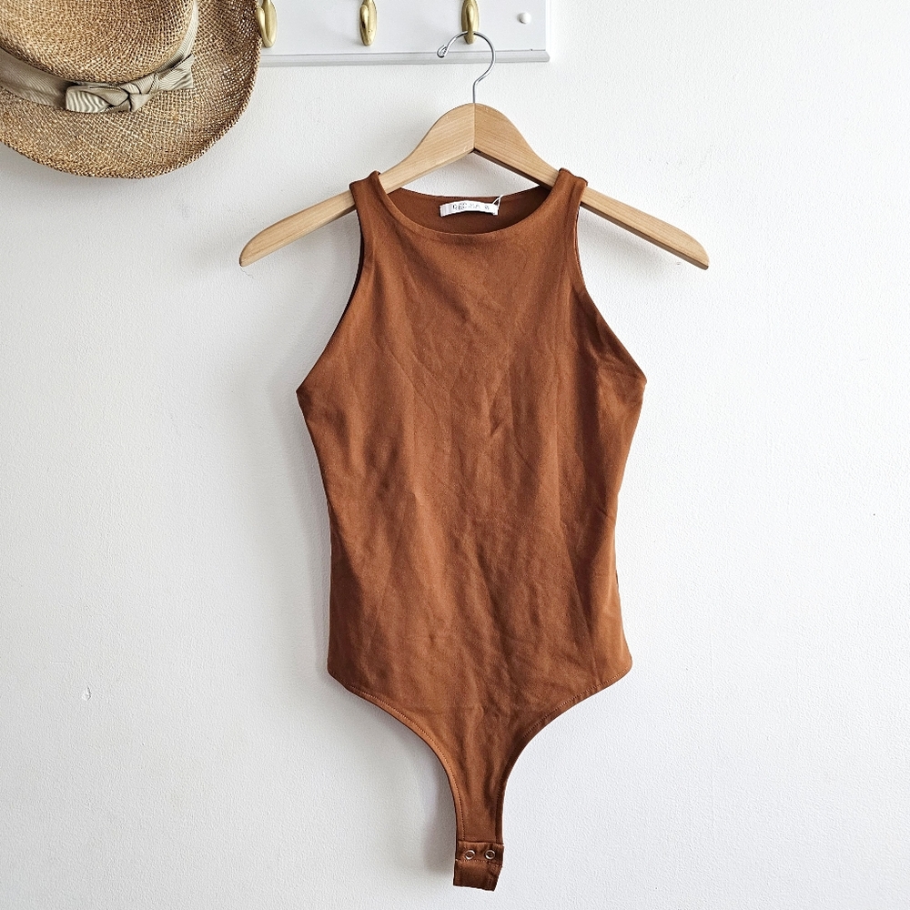 NWT REORIA Brown High Neck Racerback Thong Bodysuit XS Snap Closure